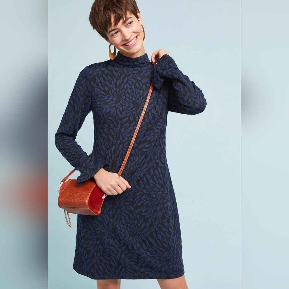 Hutch long sleeve midi shift dress black blue sz Medium